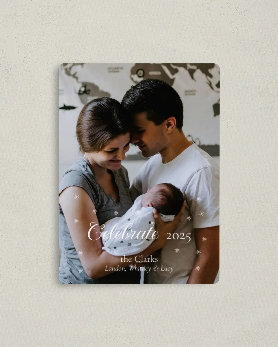 This is a 4" x 5½" Christmas Card called Celebrate the Season printed in full color with a Luxe Satin finish