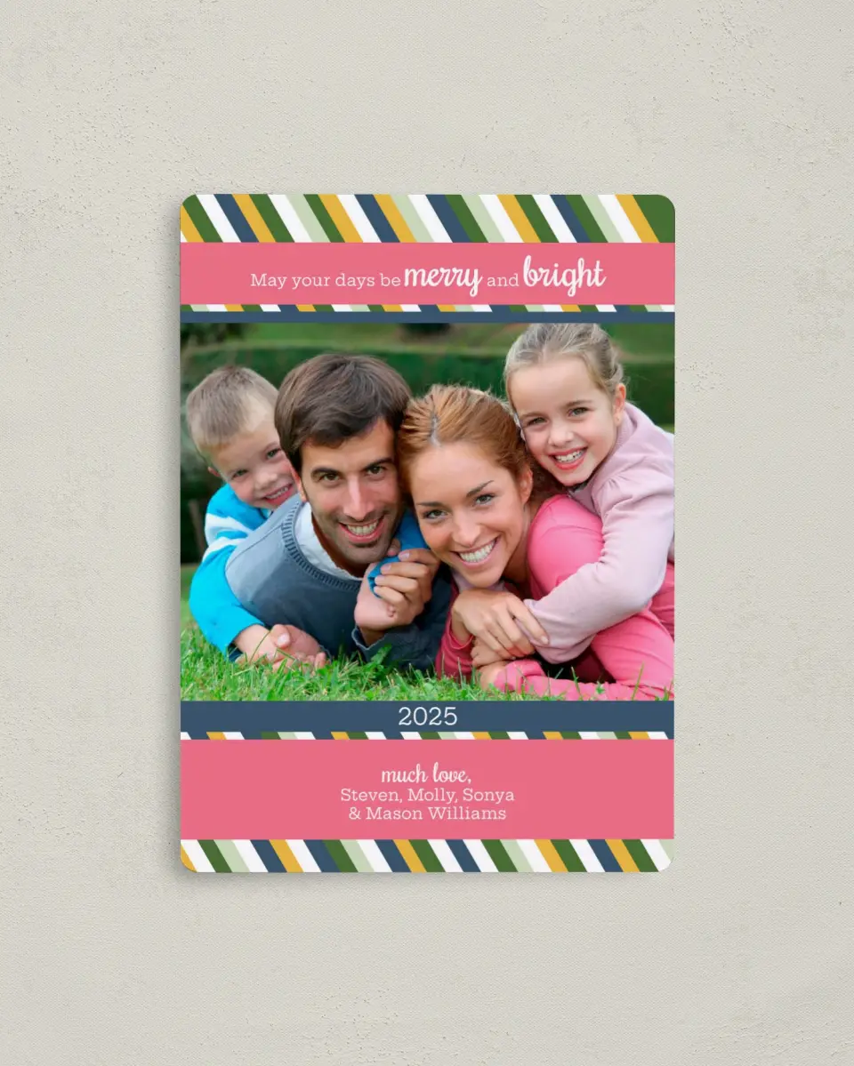 This is a 4" x 5½" Christmas Card called Merry & Bright printed in full color with a Luxe Satin finish
