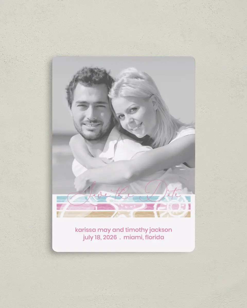 This is a 4" x 5½" Save the Date Magnet called Salty Kisses printed in full color with a Luxe Satin finish