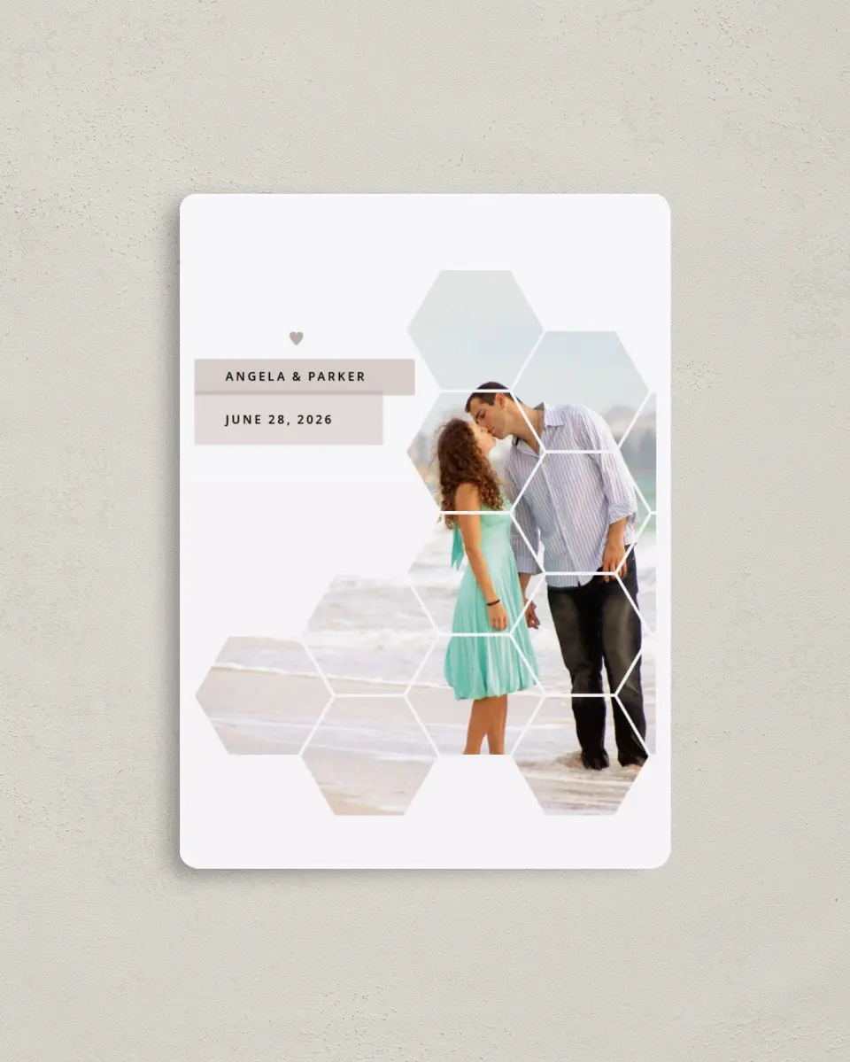 This is a 4" x 5½" Save the Date Magnet called Honeycomb Sweetness printed in full color with a Luxe Satin finish