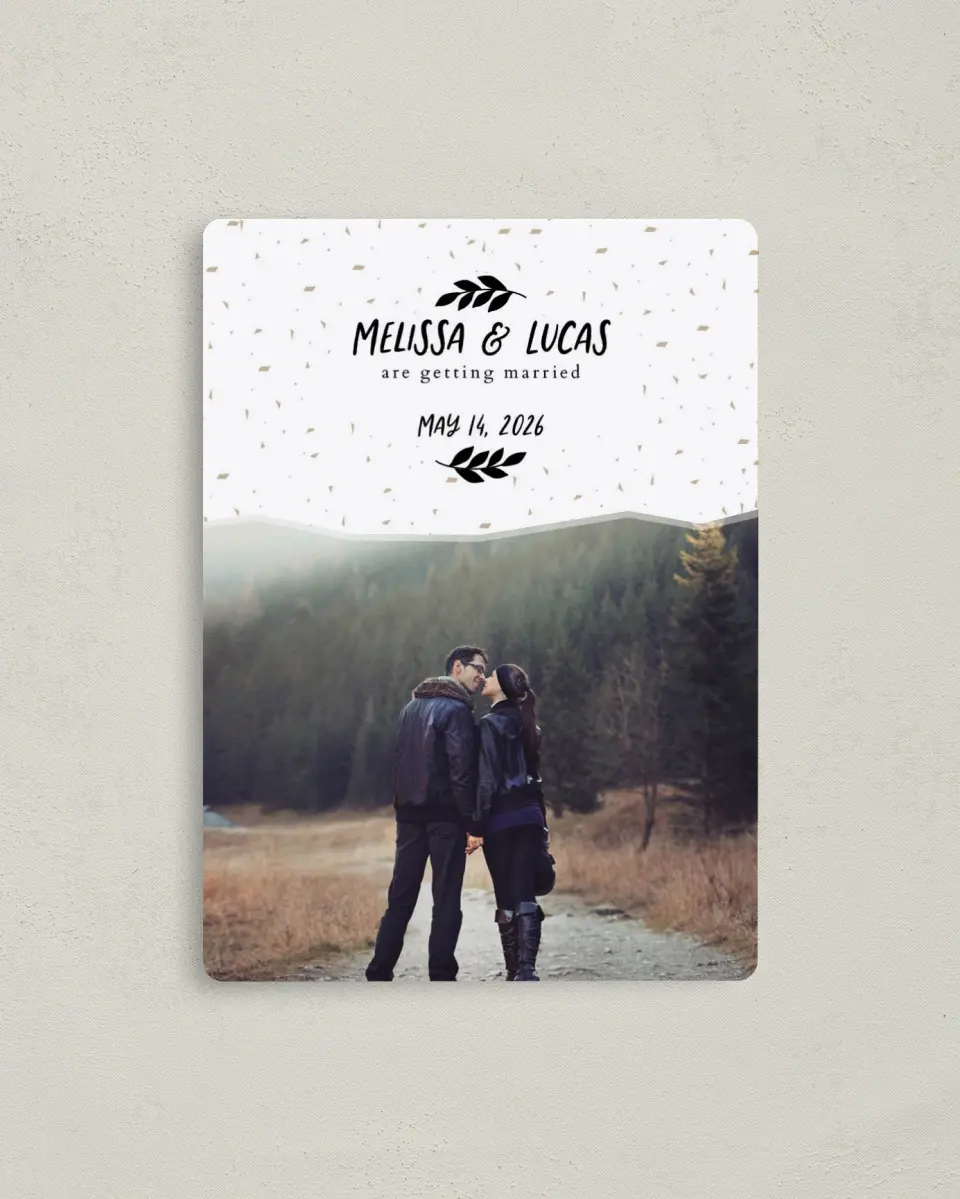 This is a 4" x 5½" Save the Date Magnet called Mystical Spell printed in full color with a Luxe Satin finish