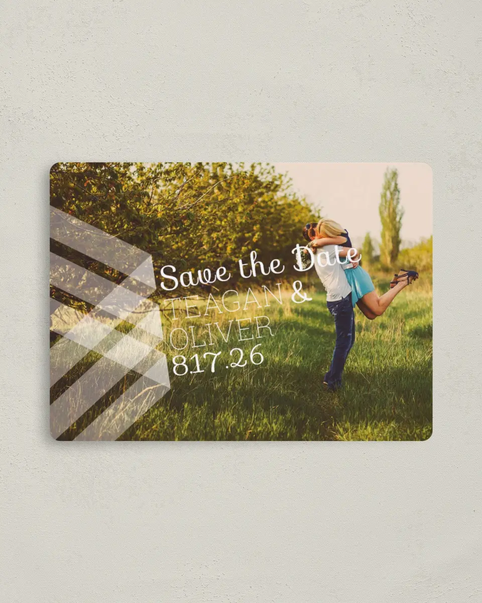 This is a 4" x 5½" Save the Date Magnet called Geometric Fling printed in full color with a Luxe Satin finish