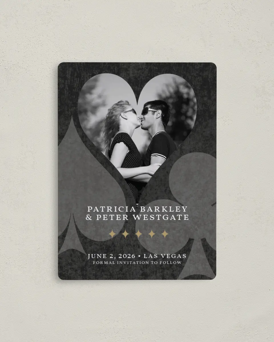 This is a 4" x 5½" Save the Date Magnet called Vegas Luxe printed in full color with a Luxe Satin finish