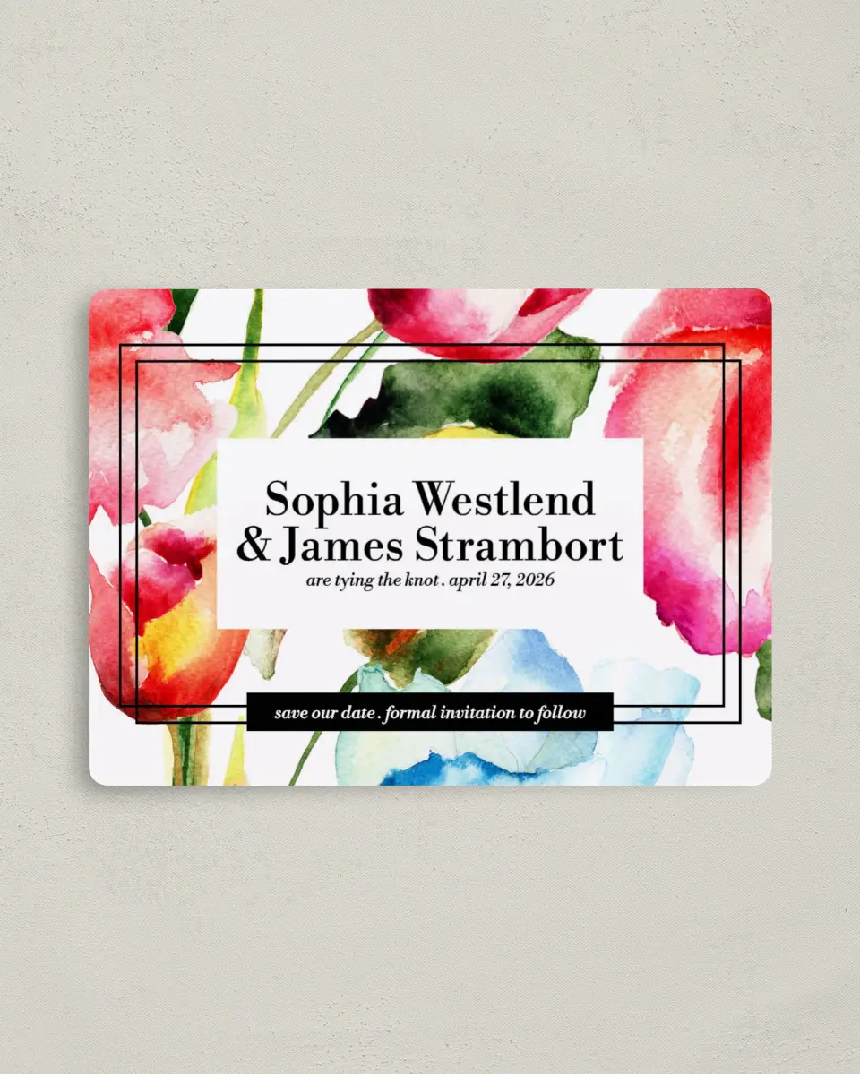 This is a 4" x 5½" Save the Date Magnet called Floral Watercolor printed in full color with a Luxe Satin finish
