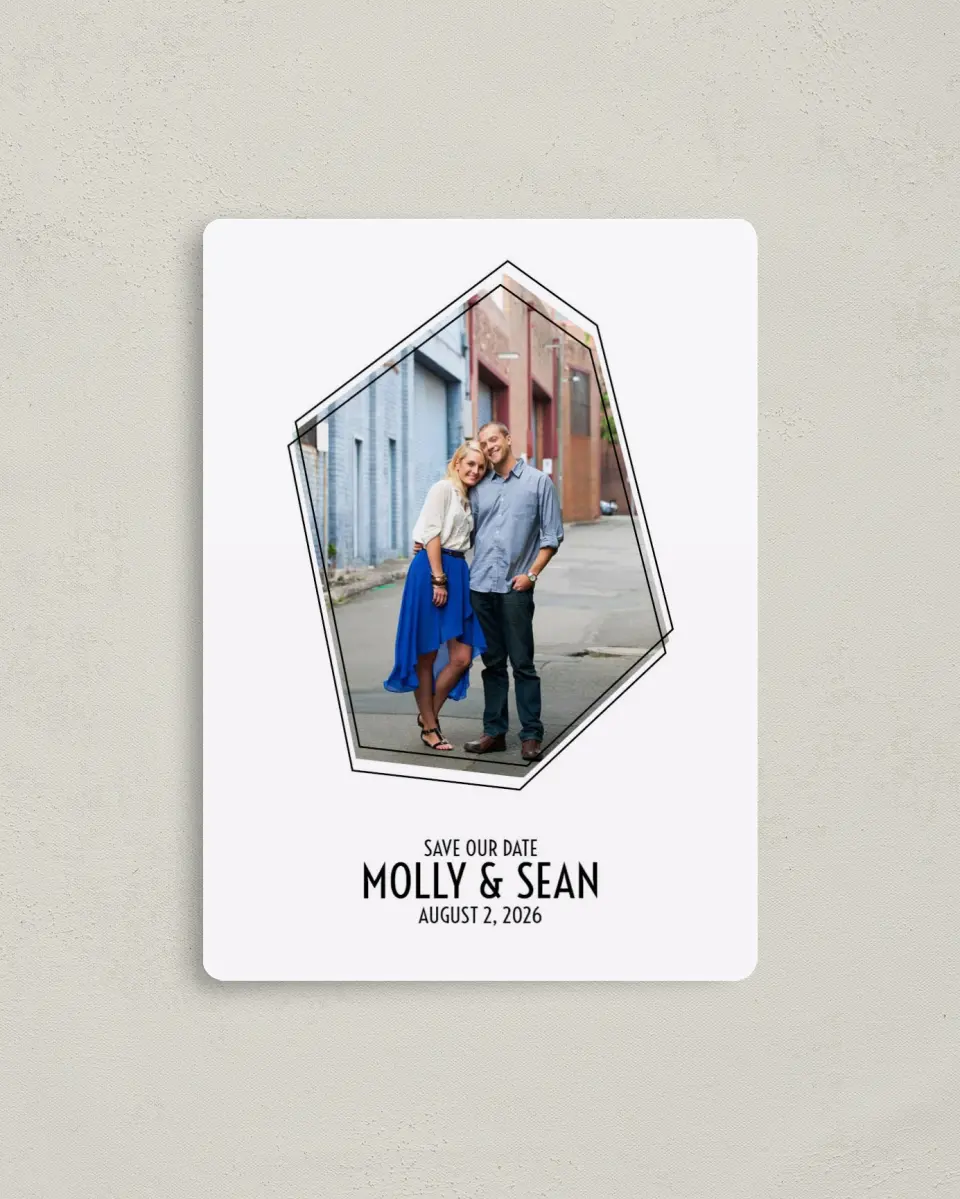 This is a 4" x 5½" Save the Date Magnet called Modern Geo printed in full color with a Luxe Satin finish