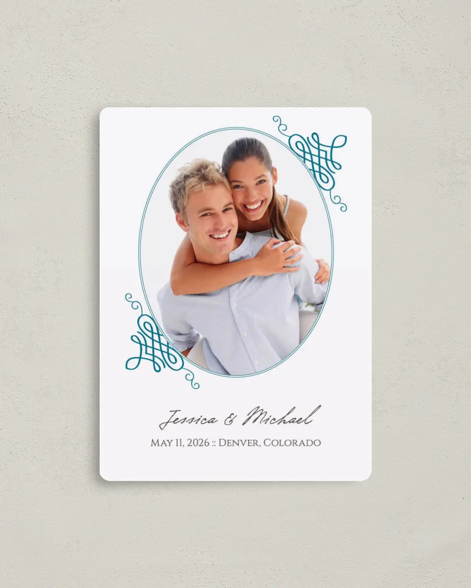 This is a 4" x 5½" Save the Date Magnet called Simple Luxury printed in full color with a Luxe Satin finish