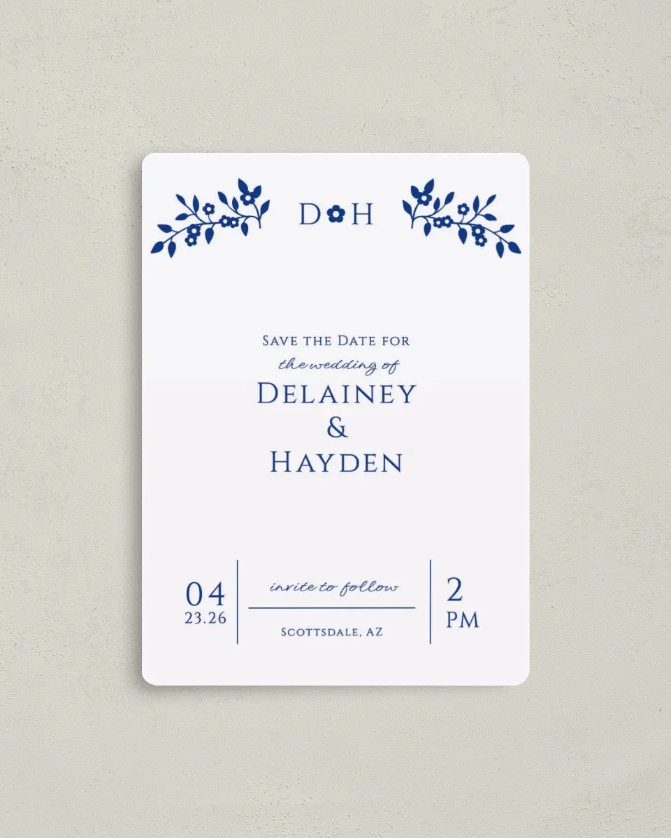 This is a 4" x 5½" Save the Date Magnet called Secret Garden printed in full color with a Luxe Satin finish
