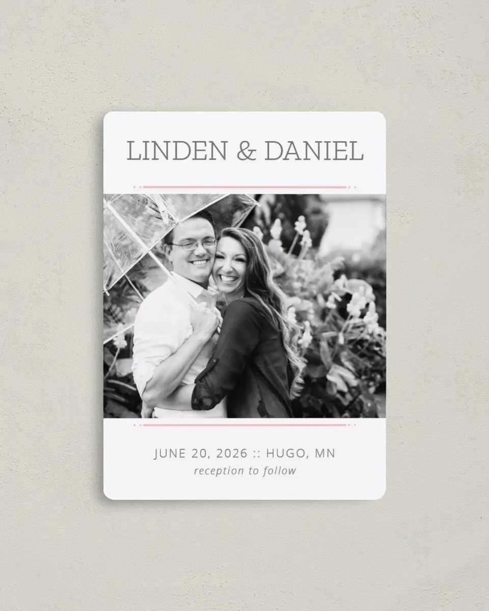 This is a 4" x 5½" Save the Date Magnet called Sweetly Charmed printed in full color with a Luxe Satin finish