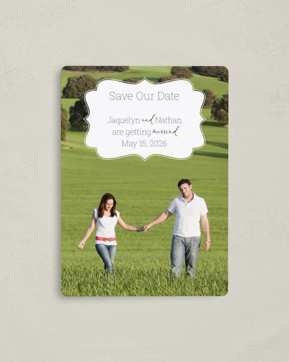 This is a 4" x 5½" Save the Date Magnet called Promise to Love printed in full color with a Luxe Satin finish