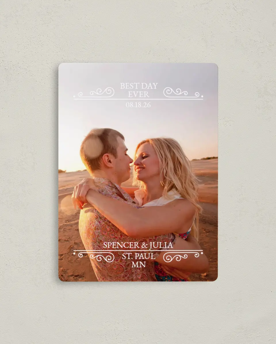 This is a 4" x 5½" Save the Date Magnet called Best Day Ever printed in full color with a Luxe Satin finish