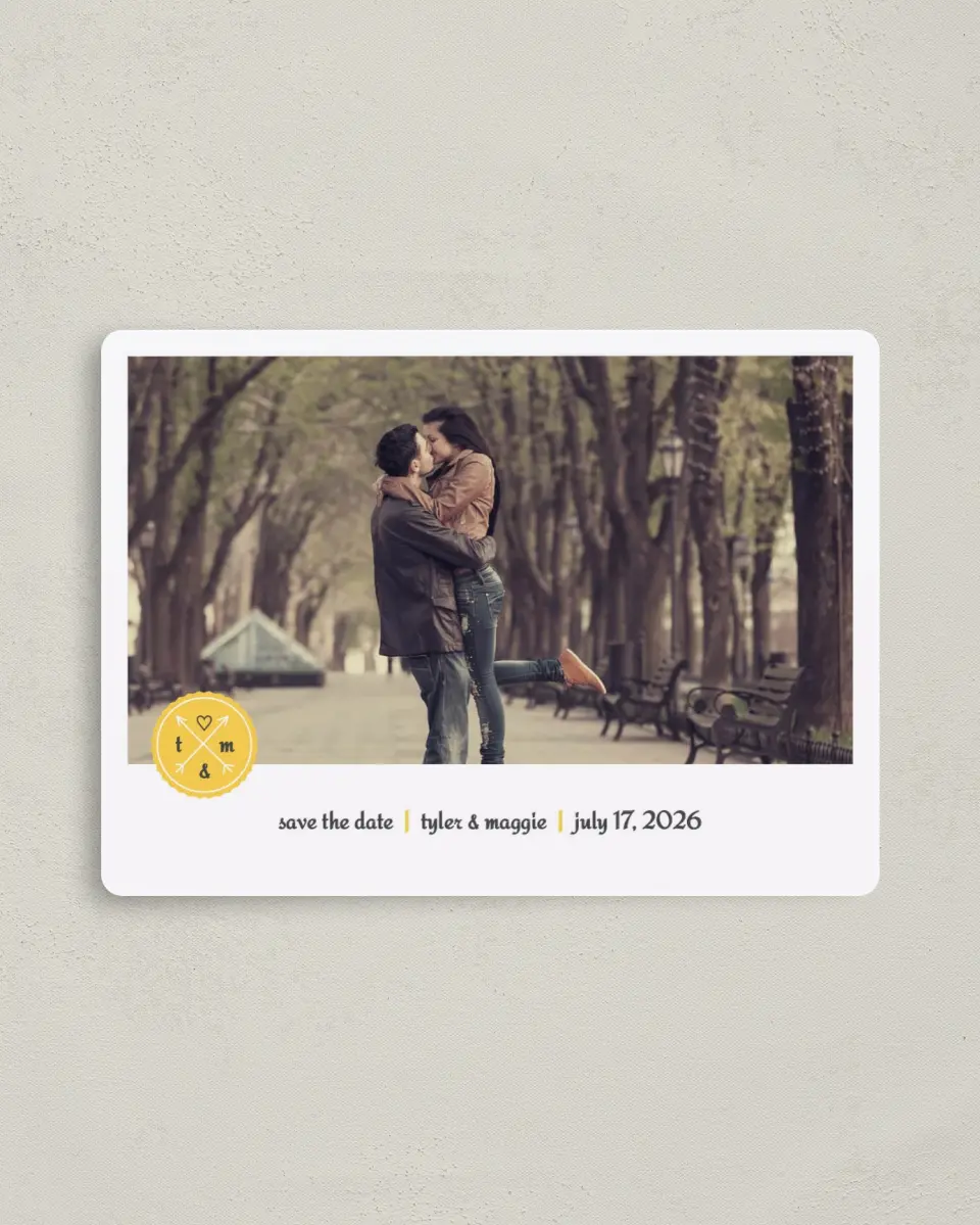 This is a 4" x 5½" Save the Date Magnet called Love Compass printed in full color with a Luxe Satin finish