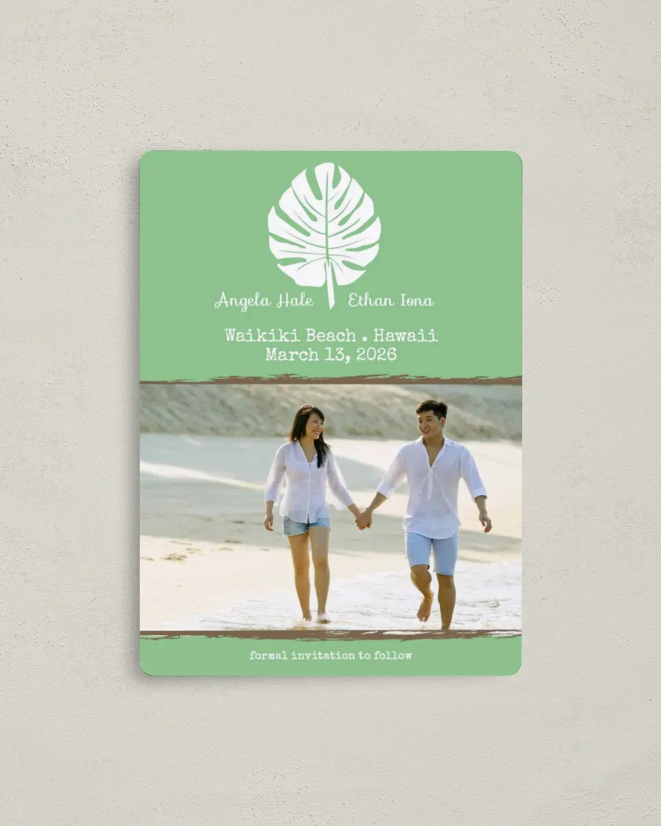 This is a 4" x 5½" Save the Date Magnet called Palms in Paradise printed in full color with a Luxe Satin finish