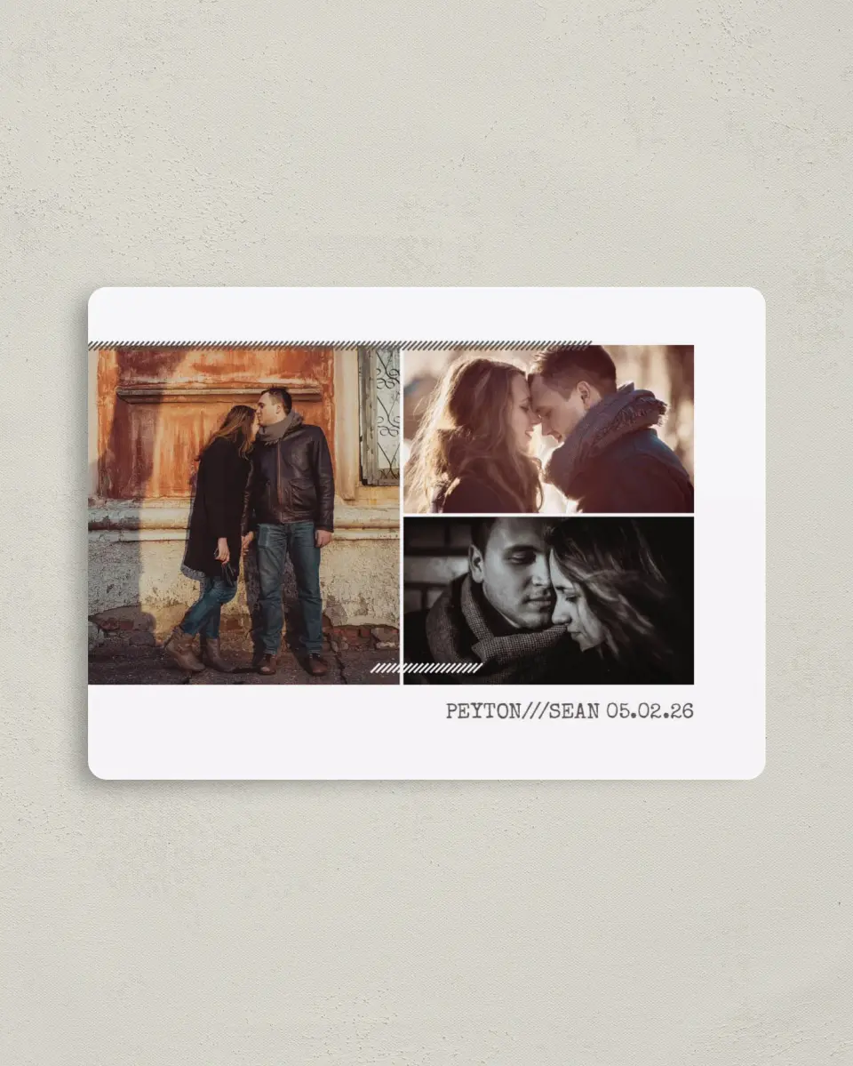This is a 4" x 5½" Save the Date Magnet called Urban Romance printed in full color with a Luxe Satin finish