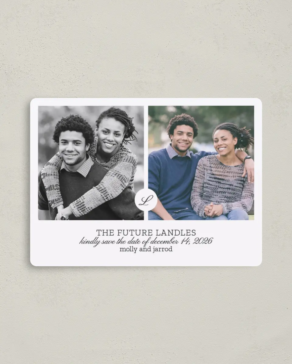 This is a 4" x 5½" Save the Date Magnet called Side By Side printed in full color with a Luxe Satin finish