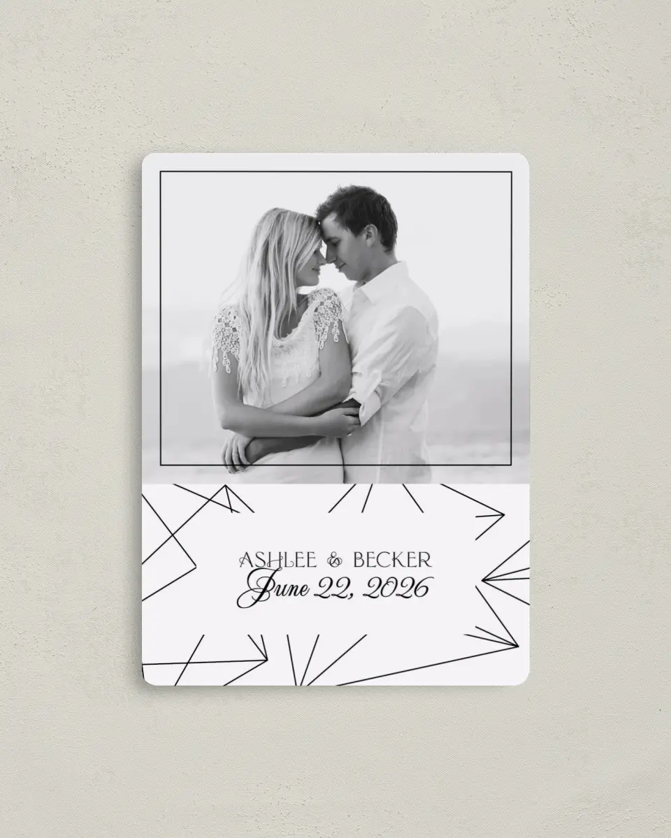 This is a 4" x 5½" Save the Date Magnet called Upscale Vegas printed in full color with a Luxe Satin finish