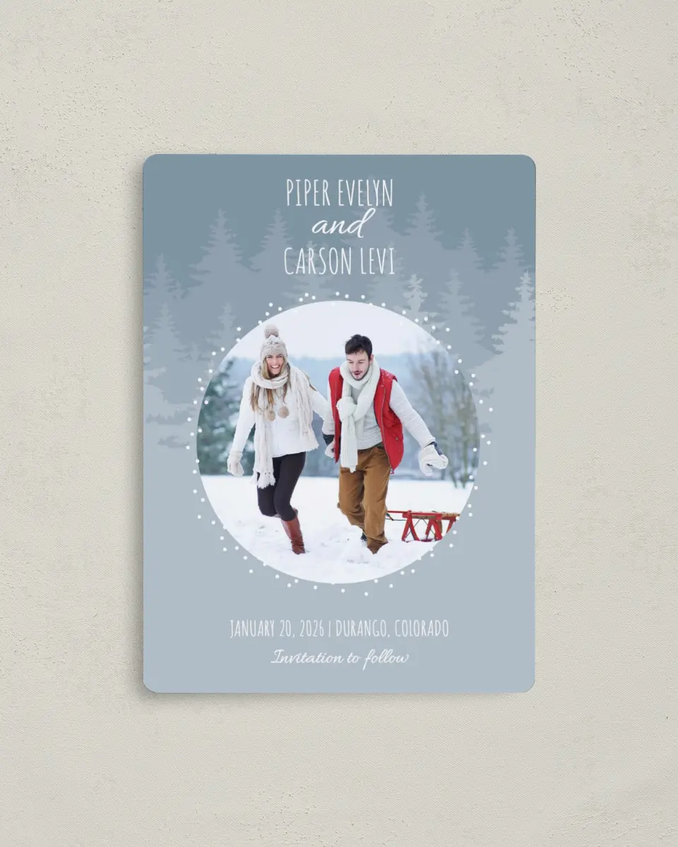 This is a 4" x 5½" Save the Date Magnet called Woodland Wishes printed in full color with a Luxe Satin finish