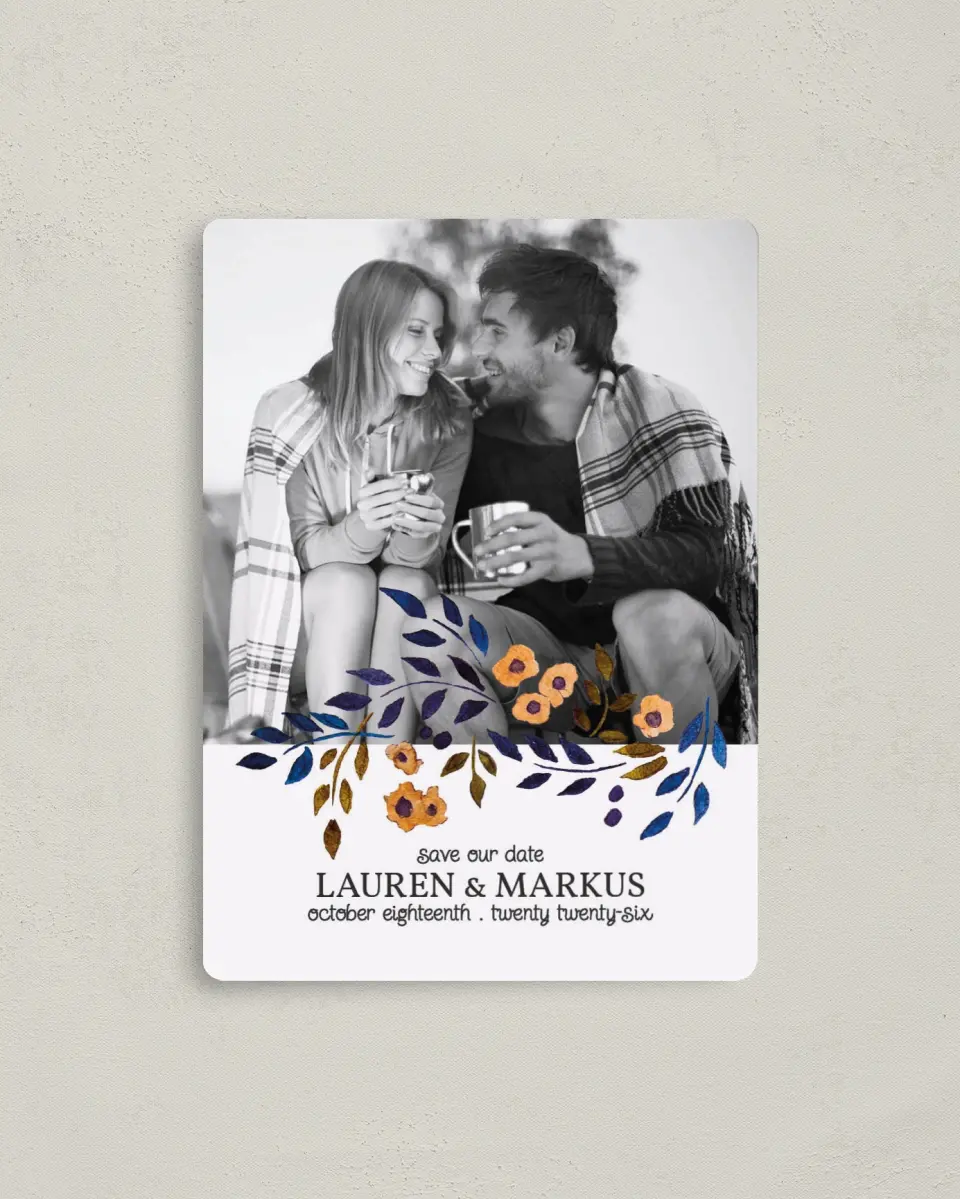 This is a 4" x 5½" Save the Date Magnet called Perfectly Plaid printed in full color with a Luxe Satin finish