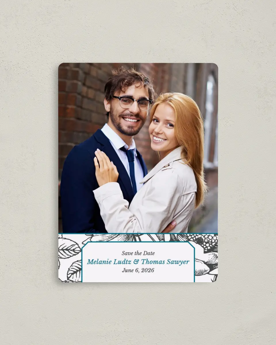 This is a 4" x 5½" Save the Date Magnet called Vintage Botanicals printed in full color with a Luxe Satin finish