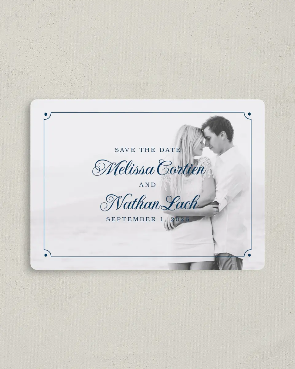 This is a 4" x 5½" Save the Date Magnet called Grand Soiree printed in full color with a Luxe Satin finish