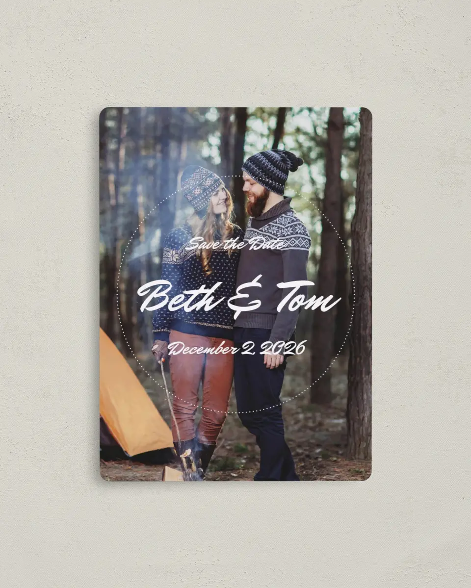 This is a 4" x 5½" Save the Date Magnet called Splendid Pines printed in full color with a Luxe Satin finish