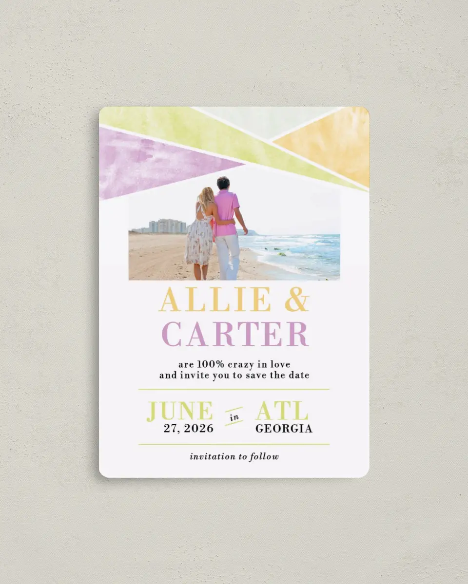 This is a 4" x 5½" Save the Date Magnet called Be Happy! printed in full color with a Luxe Satin finish
