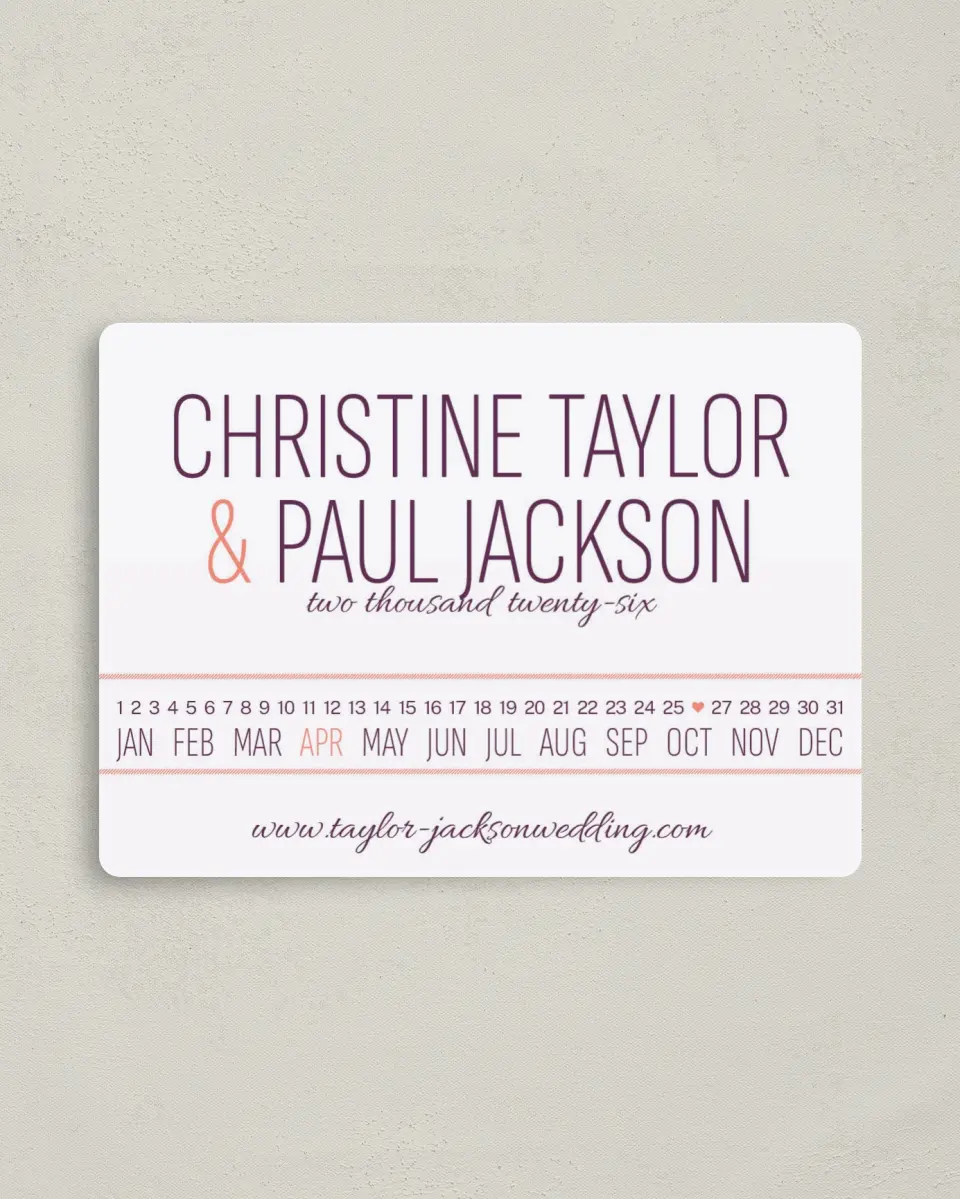This is a 4" x 5½" Save the Date Magnet called Stacked Charm printed in full color with a Luxe Satin finish