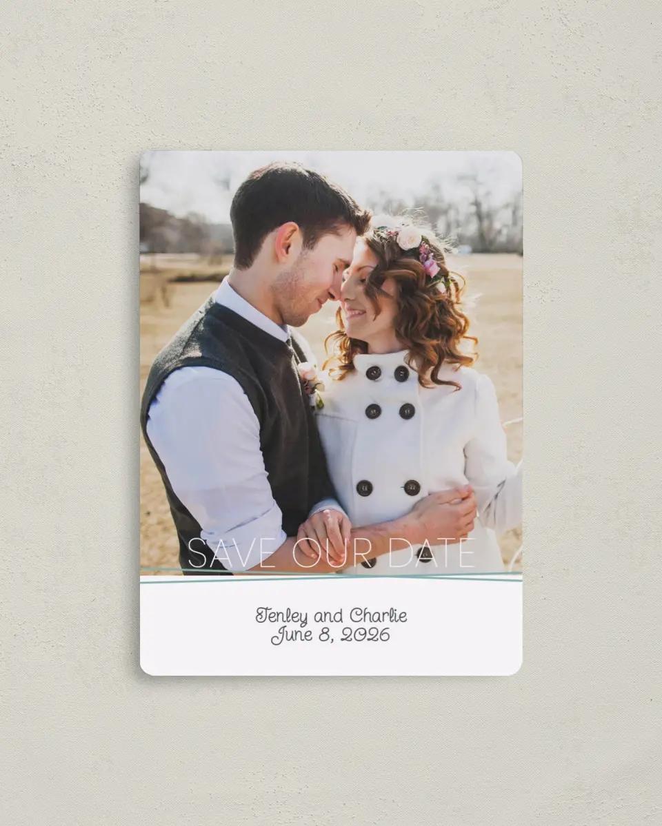 This is a 4" x 5½" Save the Date Magnet called Forever Mine printed in full color with a Luxe Satin finish