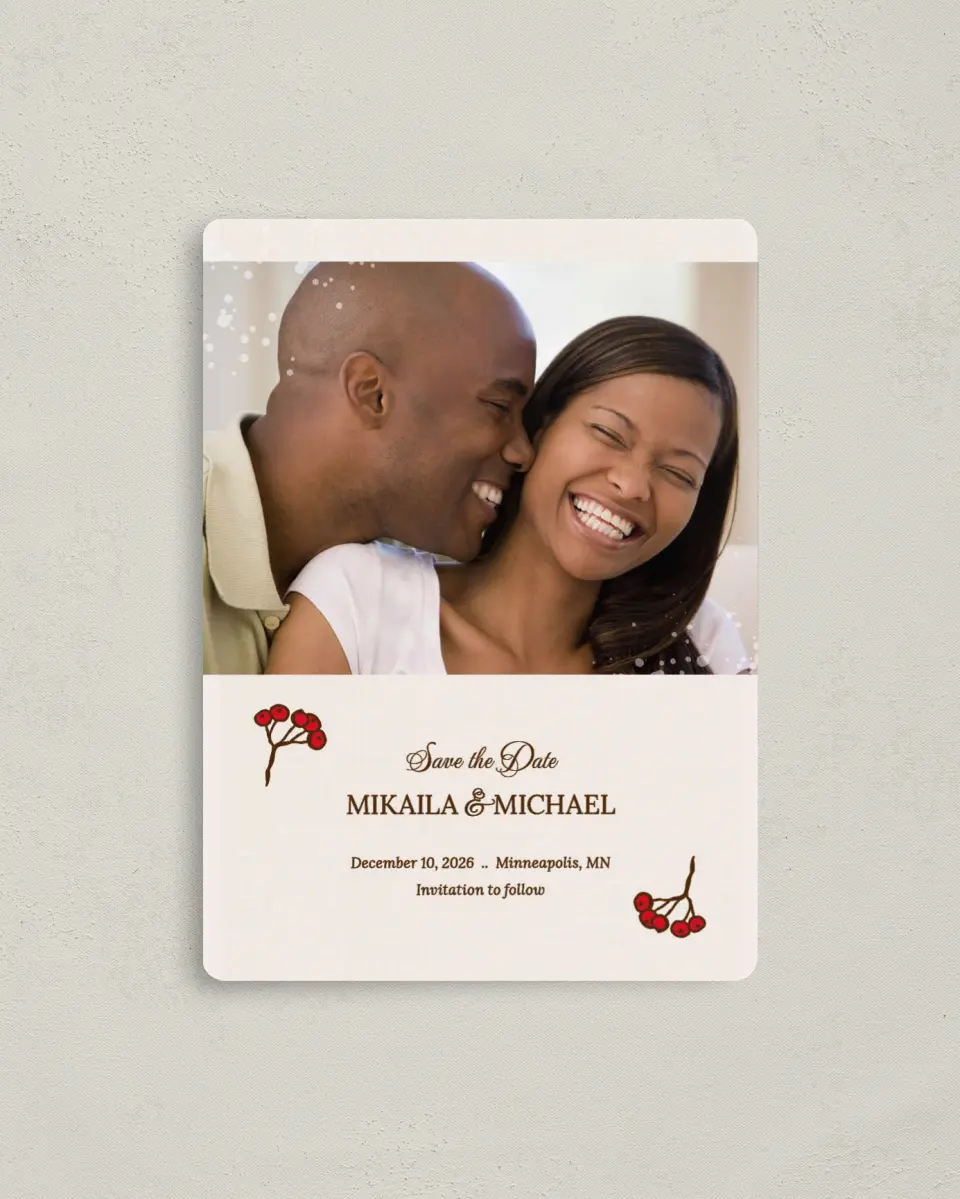This is a 4" x 5½" Save the Date Magnet called Winter Berries printed in full color with a Luxe Satin finish