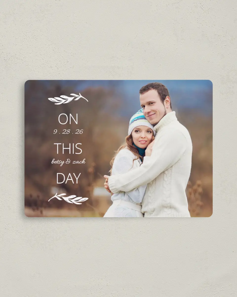This is a 4" x 5½" Save the Date Magnet called This Joyful Day printed in full color with a Luxe Satin finish