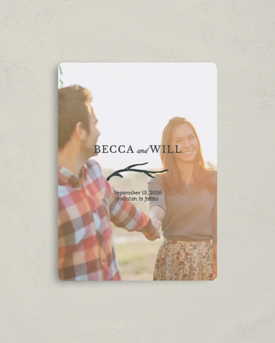 This is a 4" x 5½" Save the Date Magnet called Rustic Boughs printed in full color with a Luxe Satin finish
