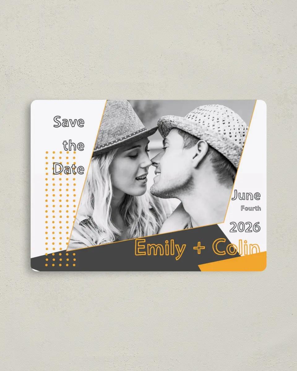 This is a 4" x 5½" Save the Date Magnet called So Sharp! printed in full color with a Luxe Satin finish