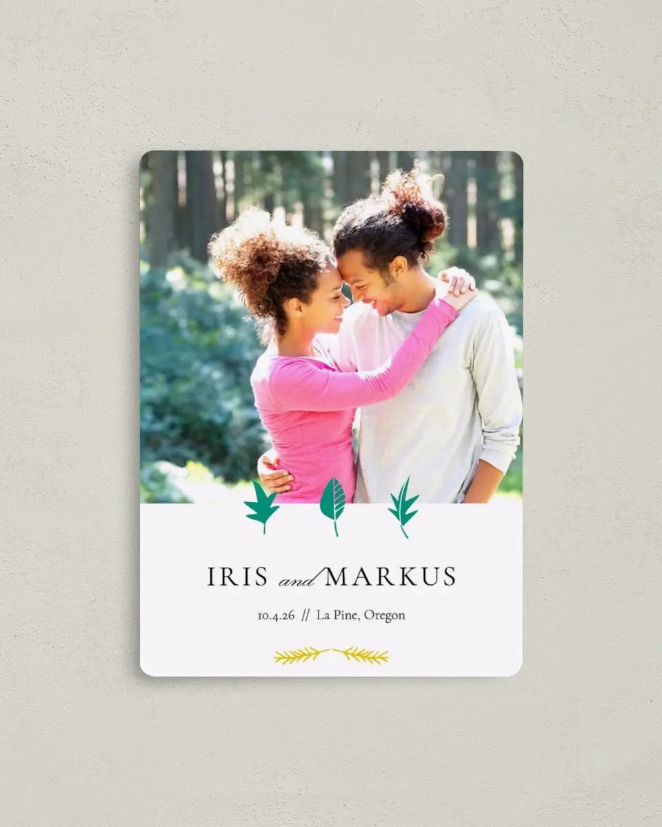 This is a 4" x 5½" Save the Date Magnet called Sweet Leaves printed in full color with a Luxe Satin finish