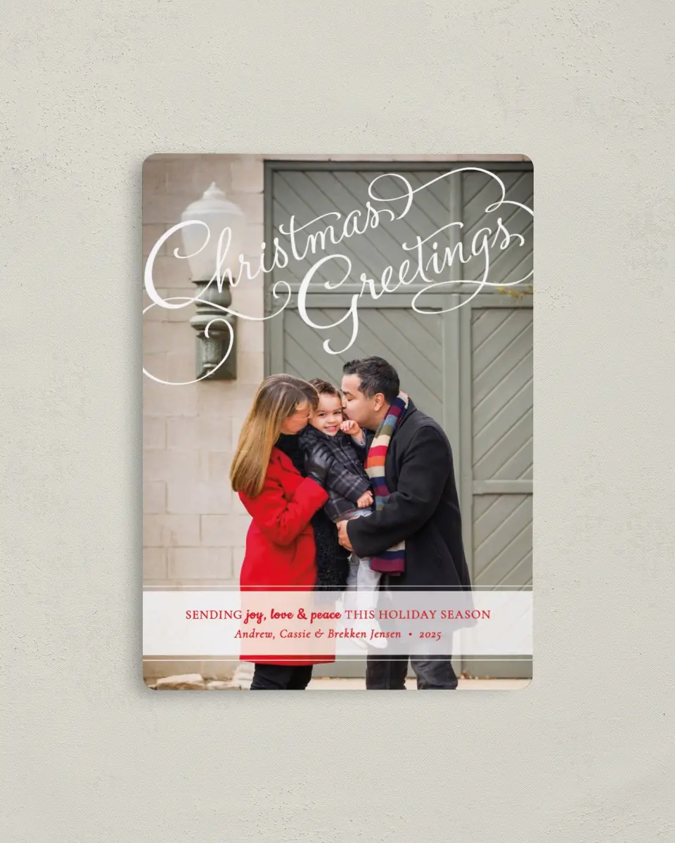 This is a 4" x 5½" Christmas Card called Scripted Blessings printed in full color with Silver foil and a Luxe Satin finish