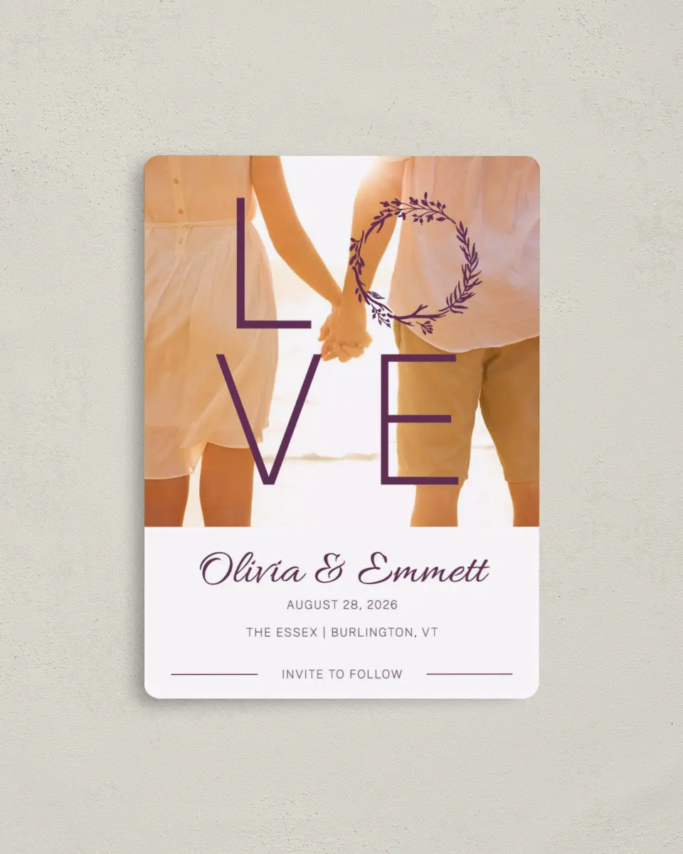 This is a 4" x 5½" Save the Date Magnet called Charming Love Story printed in full color with a Luxe Satin finish