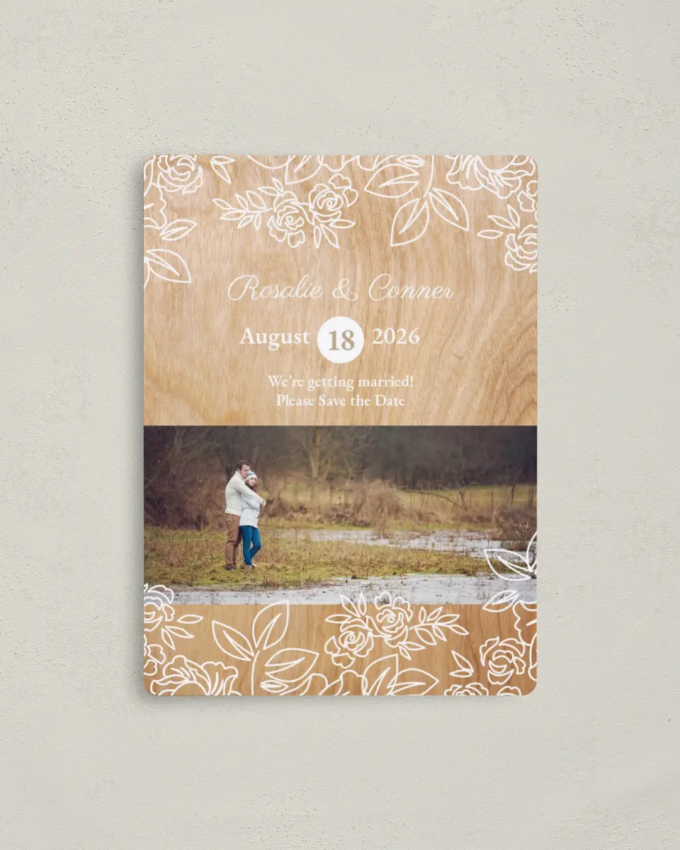 This is a 4" x 5½" Save the Date Magnet called Rustic Woodgrain printed in full color with a Luxe Satin finish