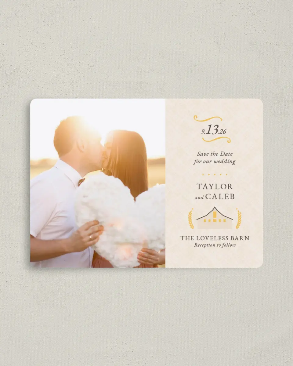 This is a 4" x 5½" Save the Date Magnet called Nashville Barn printed in full color with a Luxe Satin finish