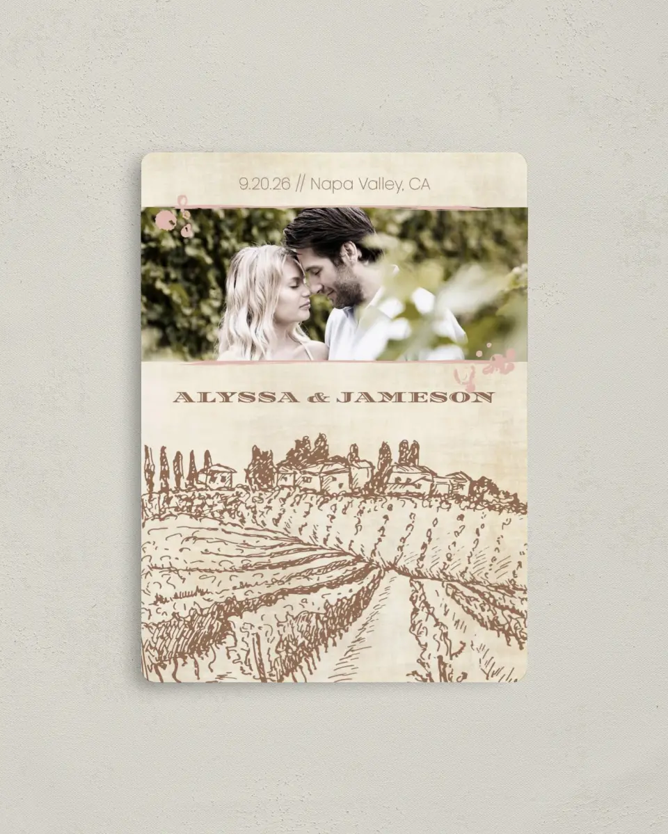This is a 4" x 5½" Save the Date Magnet called Vineyard Romance printed in full color with a Luxe Satin finish