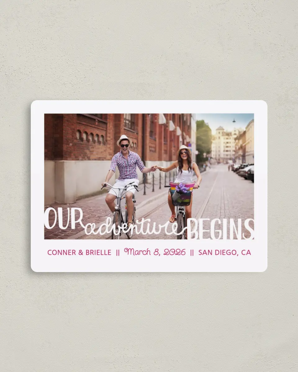 This is a 4" x 5½" Save the Date Magnet called Our Adventure Begins printed in full color with a Luxe Satin finish