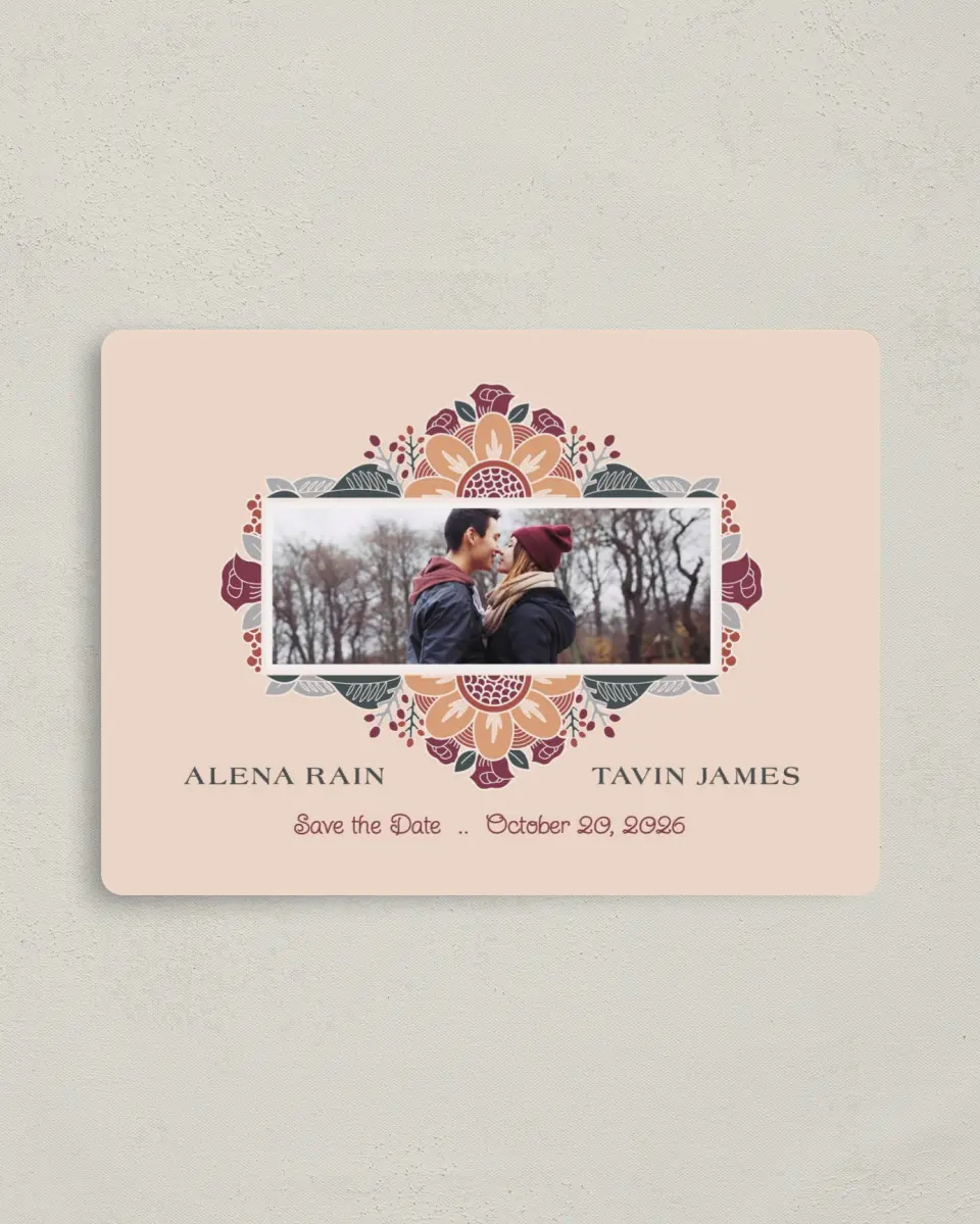 This is a 4" x 5½" Save the Date Magnet called Zentangle Bloom printed in full color with a Luxe Satin finish