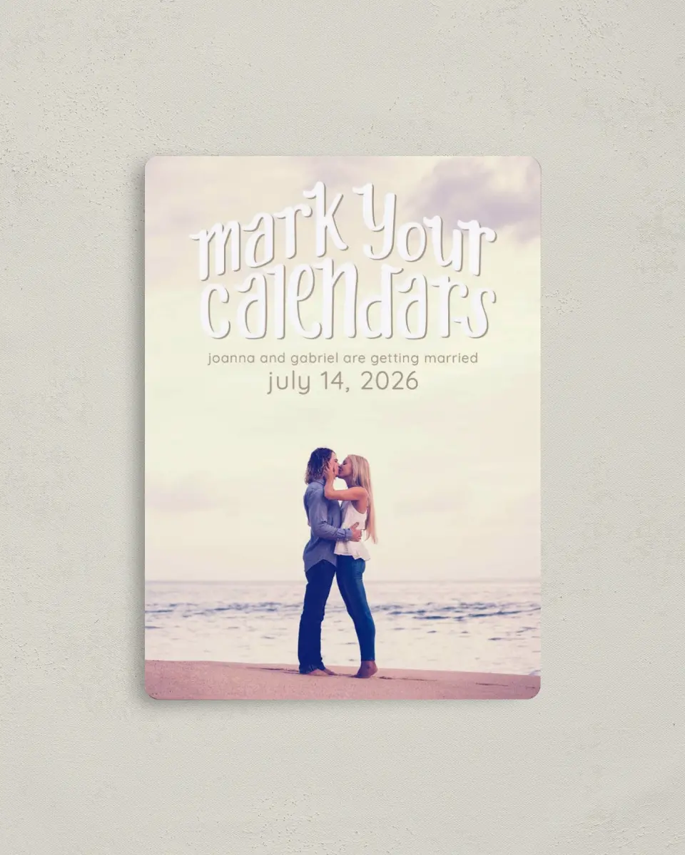 This is a 4" x 5½" Save the Date Magnet called Mark Your Calendar printed in full color with a Luxe Satin finish