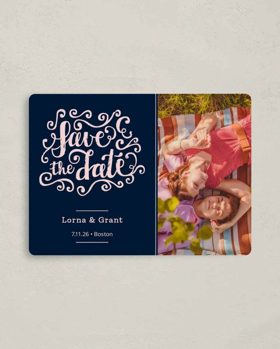 This is a 4" x 5½" Save the Date Magnet called Love Letters printed in full color with a Luxe Satin finish