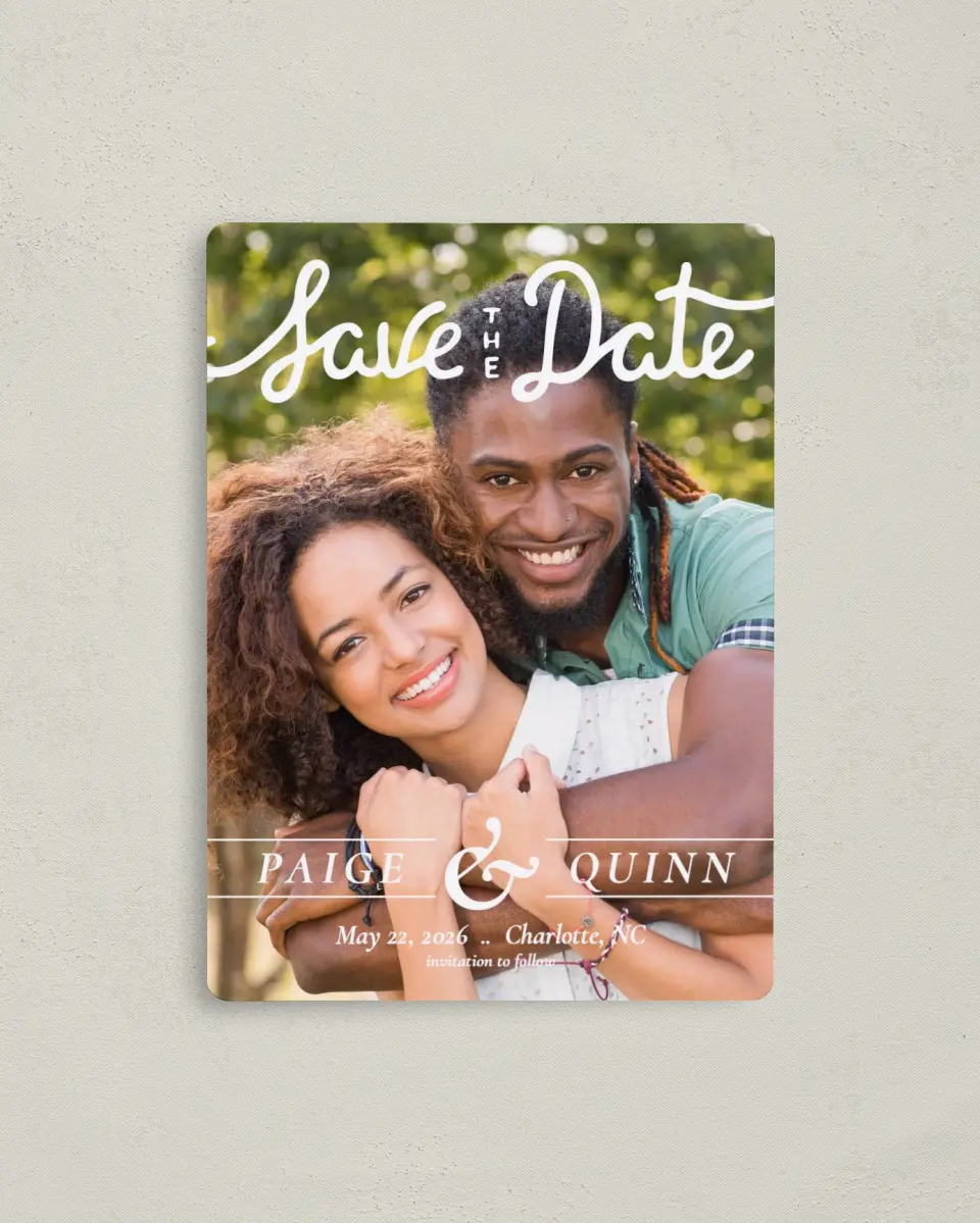 This is a 4" x 5½" Save the Date Magnet called Faithful Affection printed in full color with a Luxe Satin finish