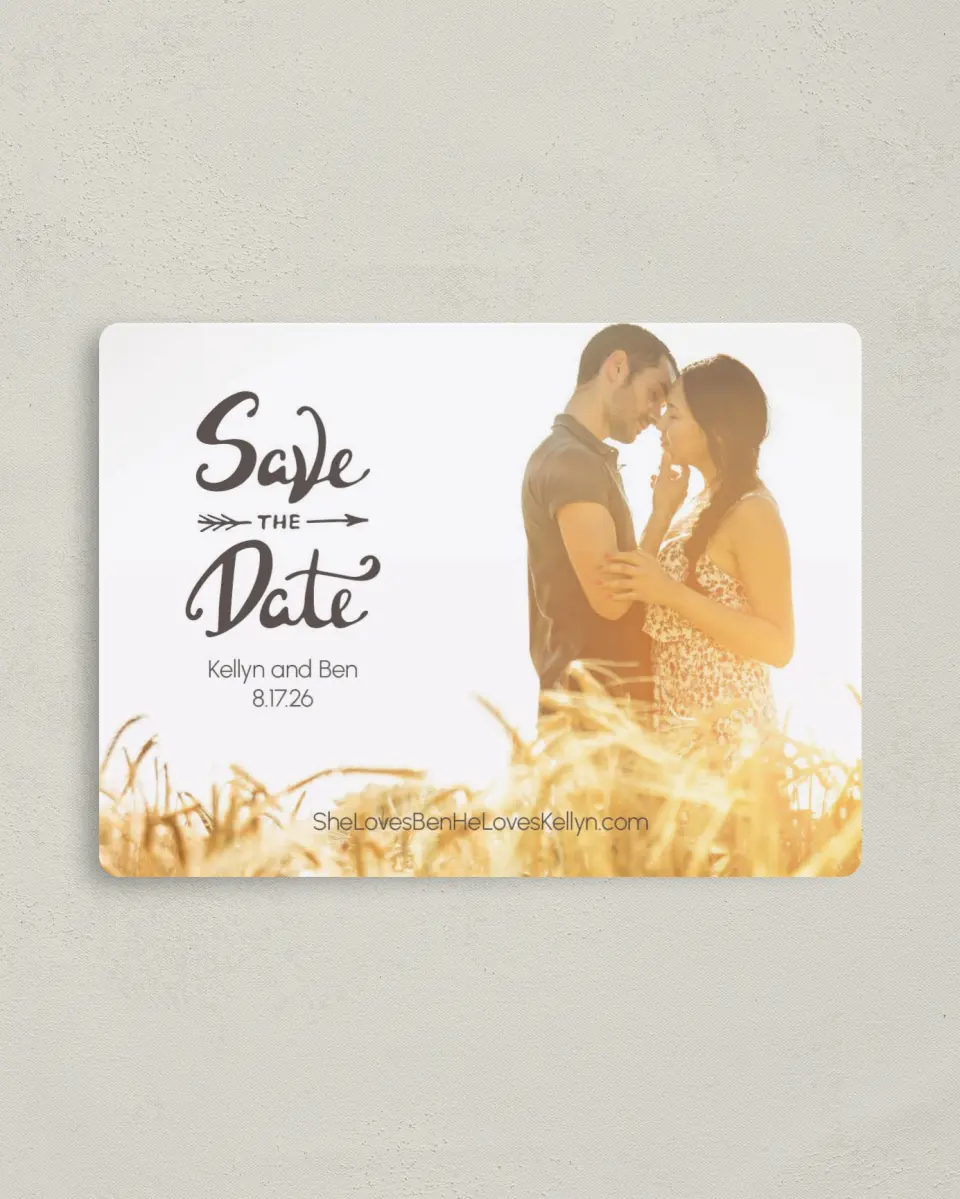 This is a 4" x 5½" Save the Date Magnet called To Forever printed in full color with a Luxe Satin finish