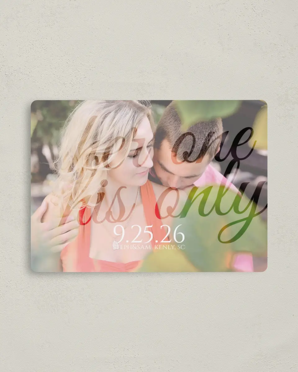 This is a 4" x 5½" Save the Date Magnet called Her One His Only printed in full color with a Luxe Satin finish