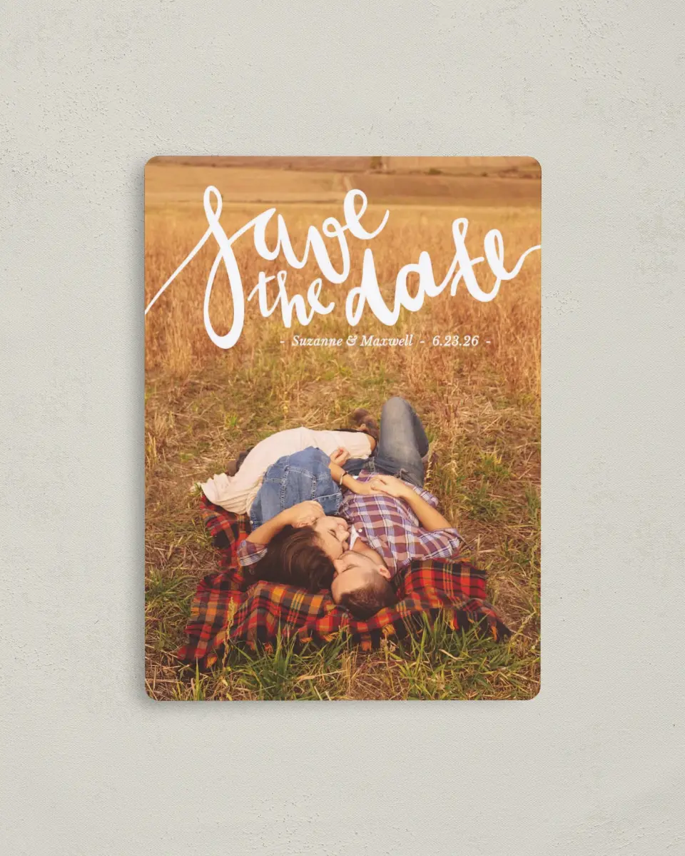 This is a 4" x 5½" Save the Date Magnet called Everlasting Ending printed in full color with a Luxe Satin finish
