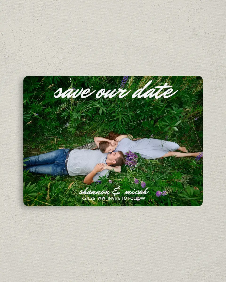 This is a 4" x 5½" Save the Date Magnet called Brushed Devotion printed in full color with a Luxe Satin finish