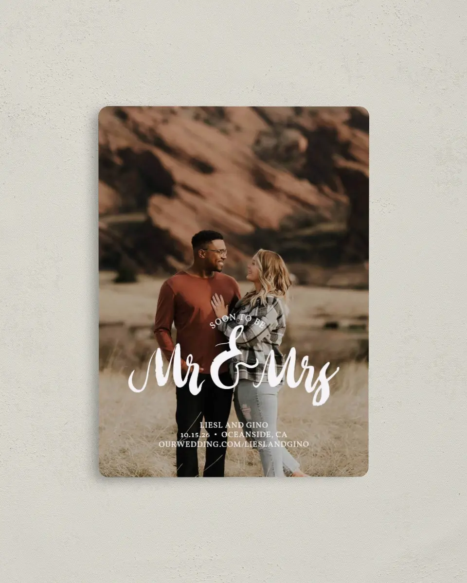 This is a 4" x 5½" Save the Date Magnet called Soon to Be printed in full color with a Luxe Satin finish