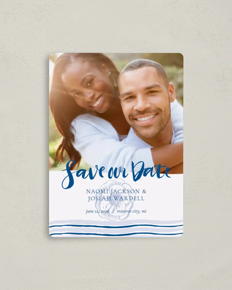This is a 4" x 5½" Save the Date Magnet called Everlasting Bloom printed in full color with a Luxe Satin finish
