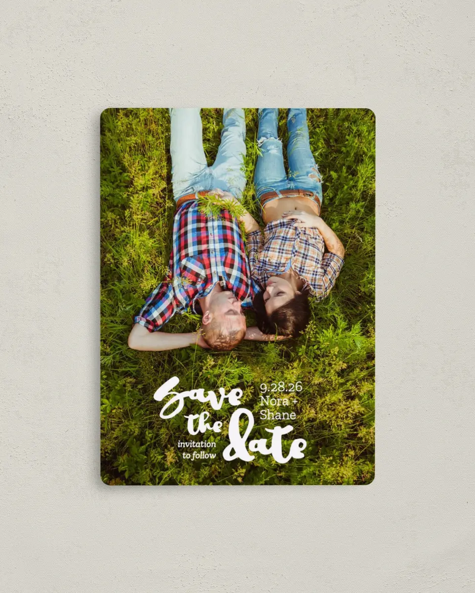 This is a 4" x 5½" Save the Date Magnet called Blissfully Hitched printed in full color with a Luxe Satin finish