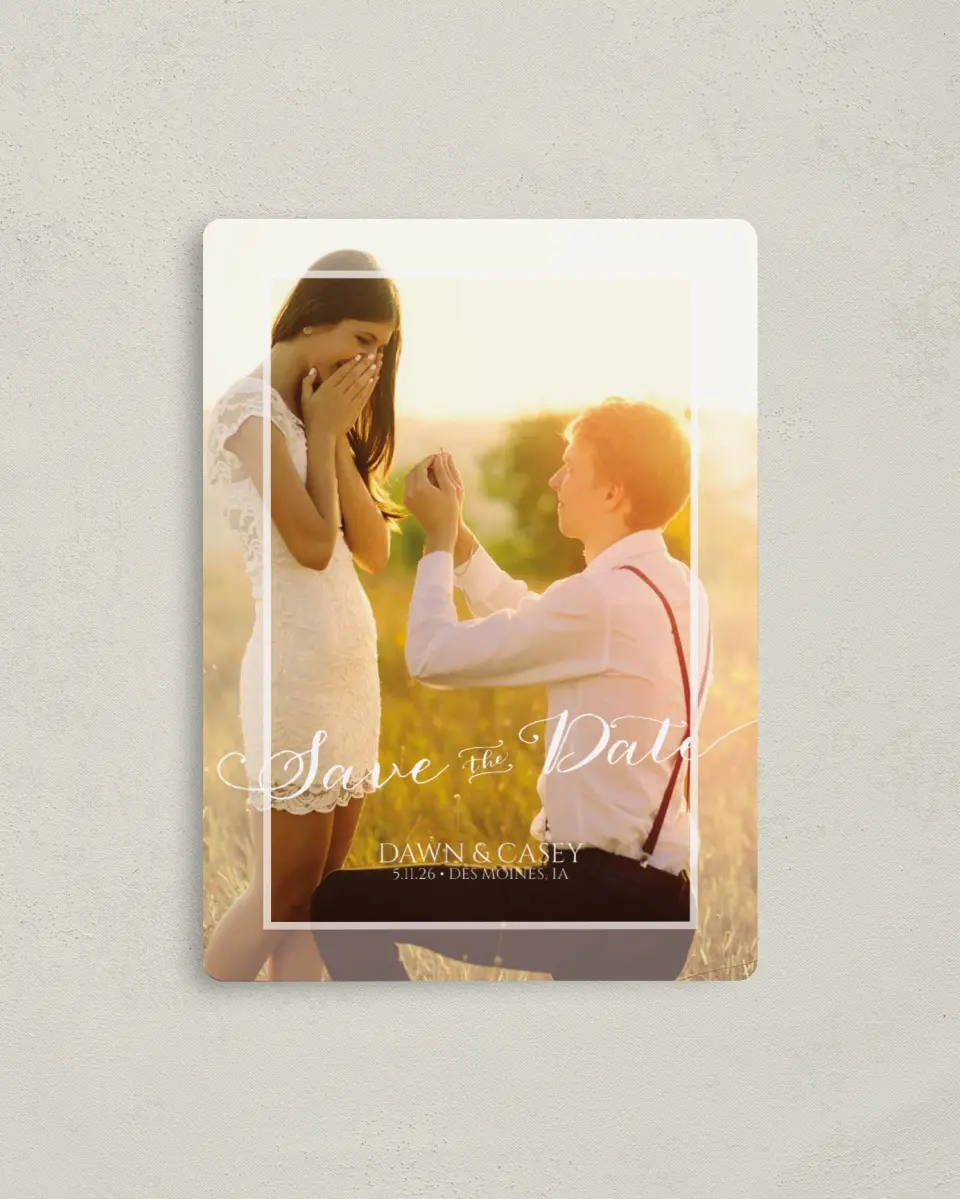 This is a 4" x 5½" Save the Date Magnet called Heartfelt Frame printed in full color with a Luxe Satin finish